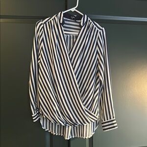 Blue and White Wrap Drape-Front Blouse with Long Sleeves